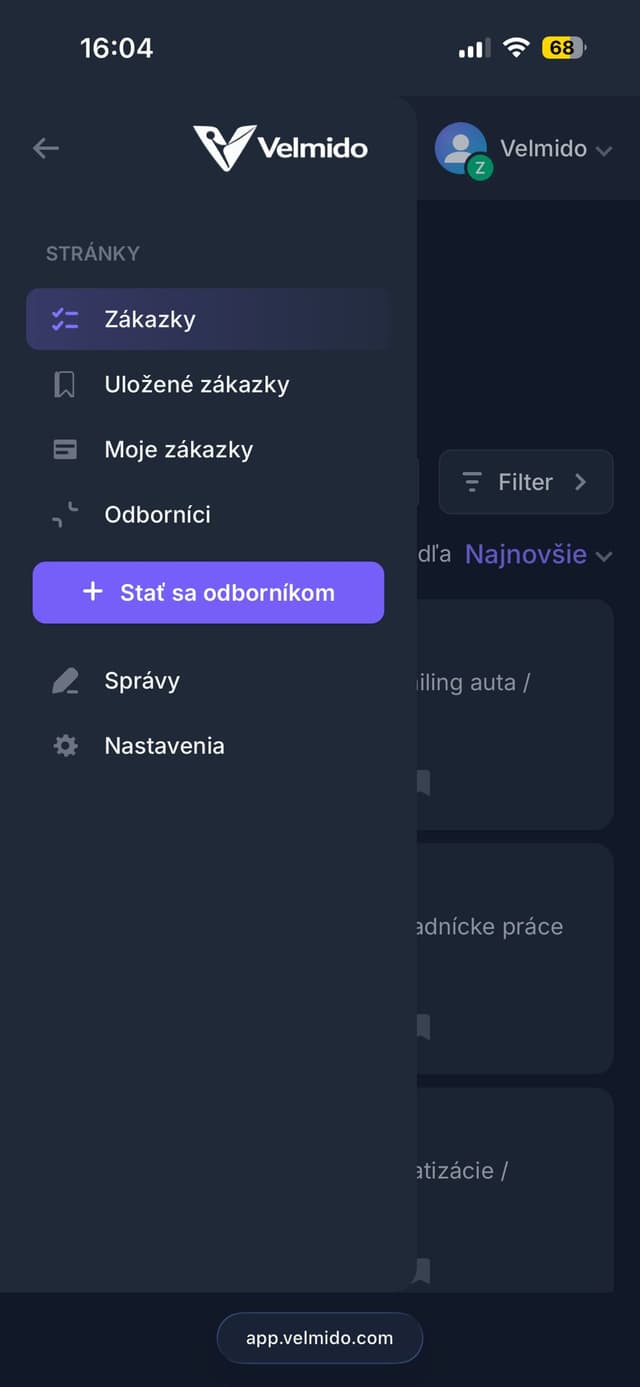 Menu Velmido s tlačidlom Stať sa odborníkom