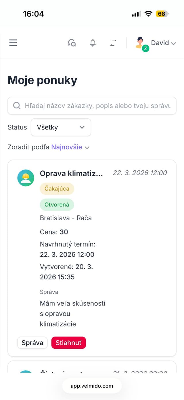 Sekcia Moje ponuky vo Velmido