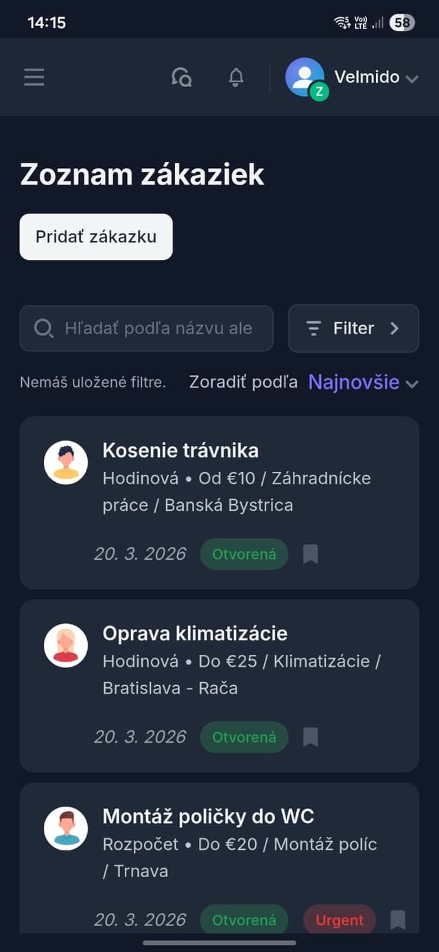 Zoznam zákaziek a tlačidlo Pridať zákazku vo Velmido