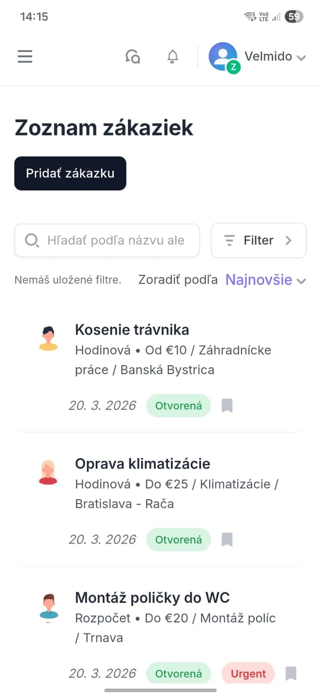 Zoznam zákaziek a tlačidlo Pridať zákazku vo Velmido