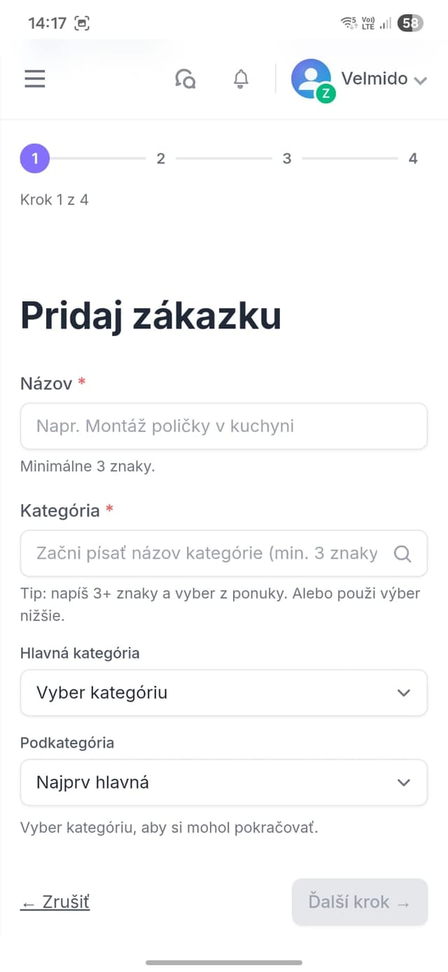 Prvý krok formulára zákazky – názov a kategória