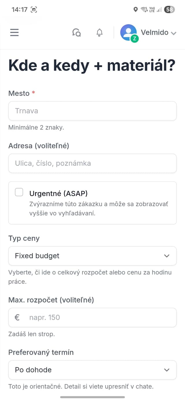Druhý krok formulára zákazky – miesto, cena a termín