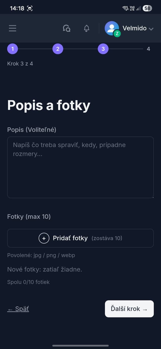 Tretí krok formulára zákazky – popis a fotky