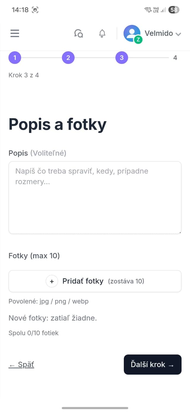 Tretí krok formulára zákazky – popis a fotky