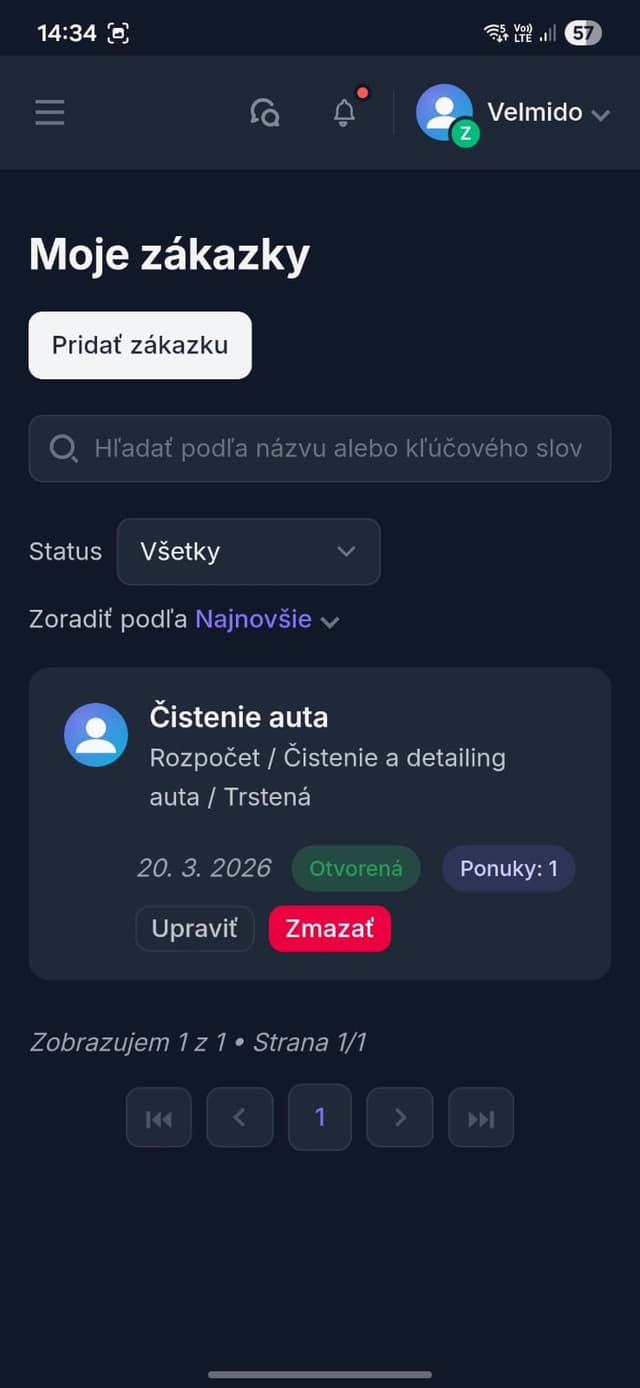 Prehľad zákaziek po vytvorení novej zákazky