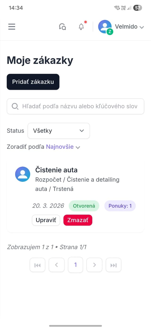 Prehľad zákaziek po vytvorení novej zákazky