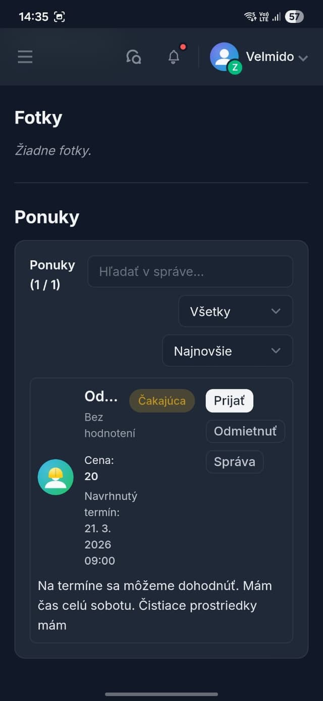 Detail ponúk k zákazke vo Velmido