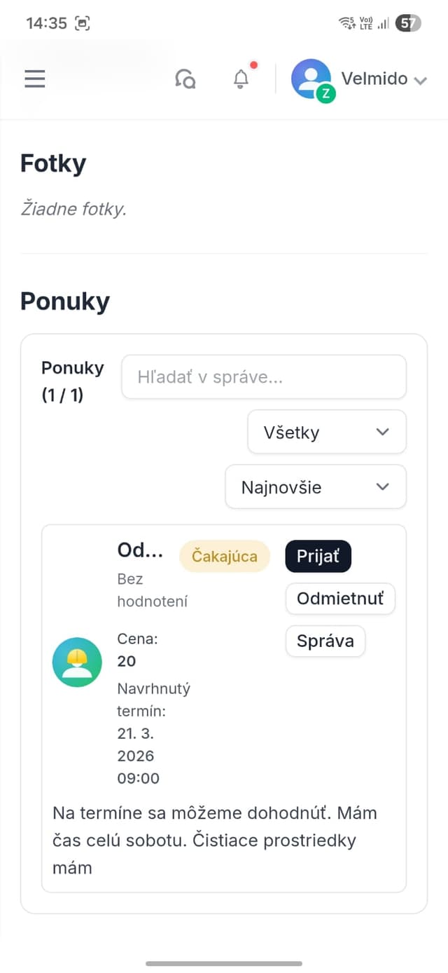 Detail ponúk k zákazke vo Velmido